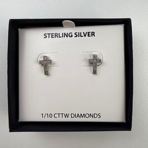 Womens Sterling Silver Diamond Accent Cross Stud Earrings